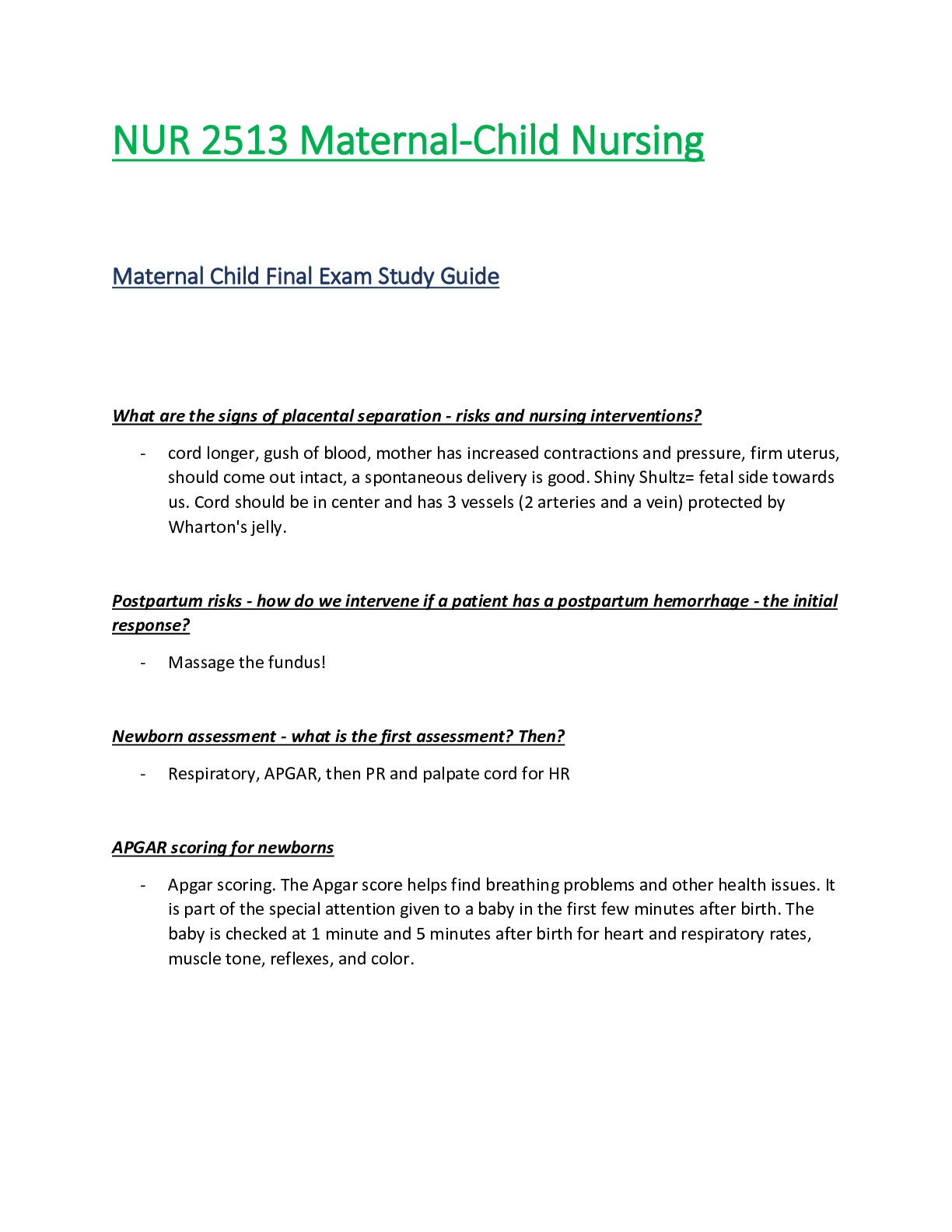 Preview of NUR 2513 / NUR2513 Final Exam Study Guide (Latest Update): Maternal Child Nursing - Rasmus
